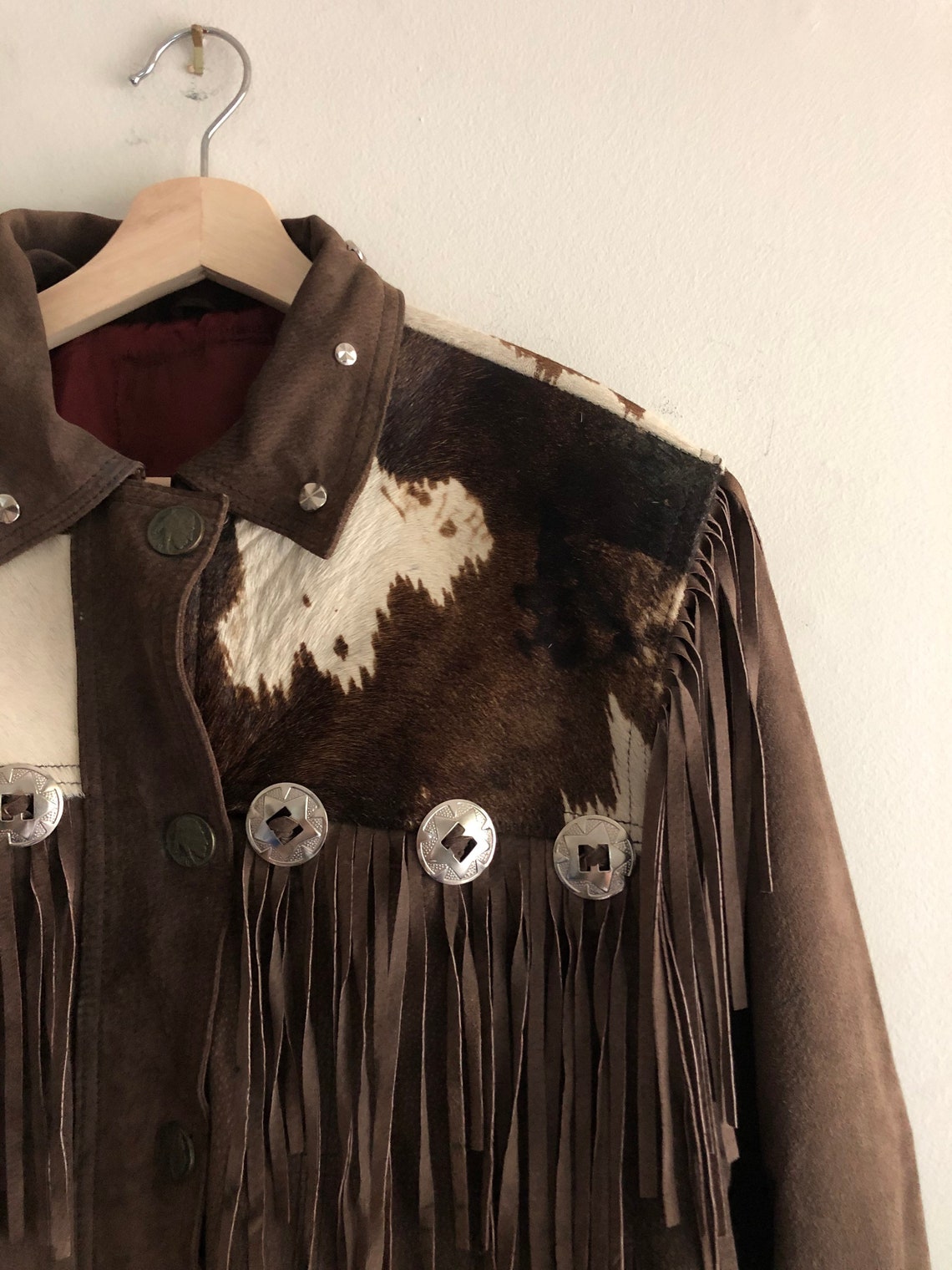 Vtg Cow Print Leather Suede Fringe Jacket w/ Conchos and Patch Etsy