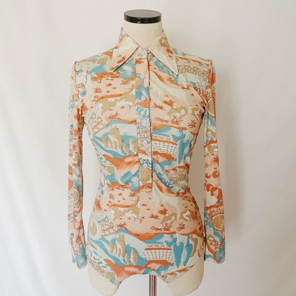 70’s Printed Button Down Shirt Bodysuit