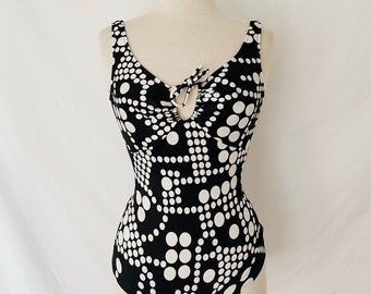70’s Black and White Polka Dot Print One Piece Bathing Suit by Catalina