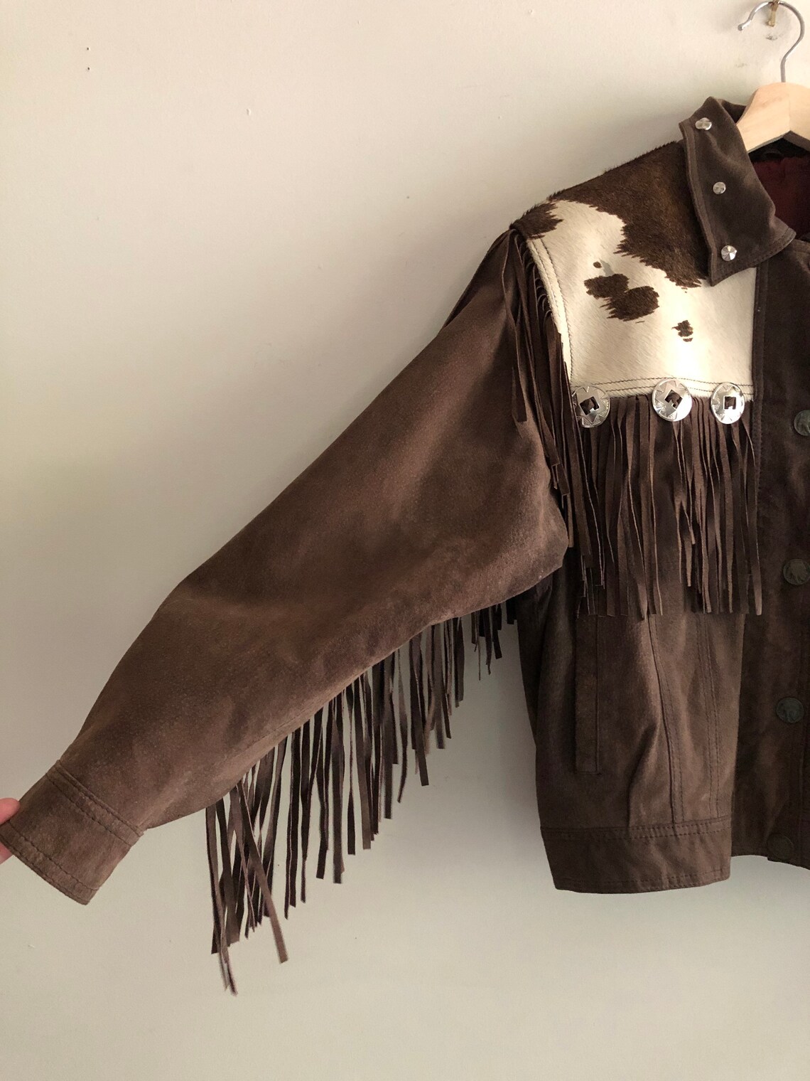 Vtg Cow Print Leather Suede Fringe Jacket w/ Conchos and Patch Etsy