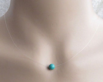 Simple Dainty 6mm Turquoise Floating Illusion Necklace. Invisible Transparent Necklace With A Turquoise Gemstone Pendant