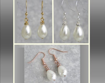 Ivory or White Glass Pearl and Diamanté Hook earrings  Silver, Gold Rose, Gold Plated, Dangle Drop Earrings. Wedding, Bridal, Bridesmaids