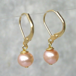 Pink Freshwater Pearl Leverback Pearl Earring, Gold Plated Lever Back Freshwater Pearl Earrings, Pink Pearl Dangle Drop Earrings.
