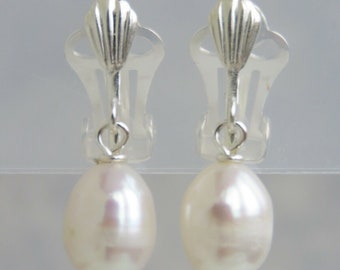 Freshwater Pearl Clip On Earrings For None Pierced Ears. Dangle Drop Pearl Earrings. White Pearl Clip on Earrings.