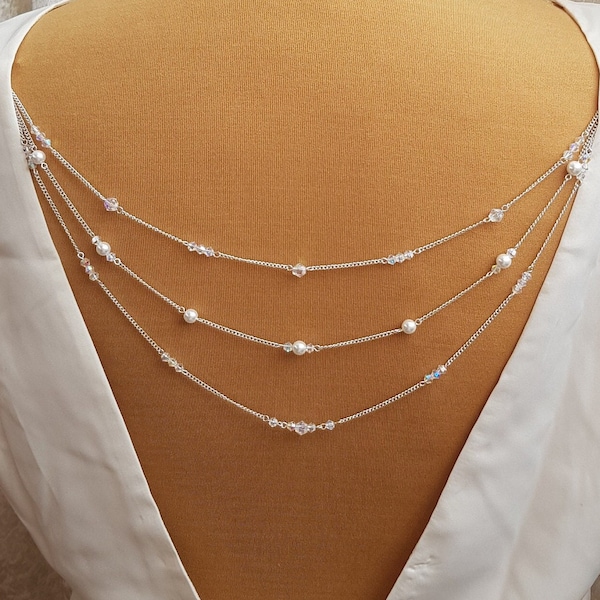 Preciosa AB Crystal Back Necklace. 3 Rows Back Chains, Bridal Back Drape Chain For Low Back, Backless, Open Back Wedding, Prom, Party Dress