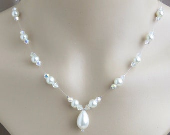 Floating Invisible Transparent Illusion Pearl And Crystal Necklace. Wedding jewellery, bride, bridesmaid