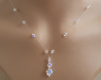 Collier invisible en cristal AB transparent. Collier en cristal flottant illusion AB. Mariage, demoiselles d'honneur, or, argent, Plaqué or rose