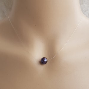 Minimalist Black Peacock Freshwater Pearl Floating Illusion Necklace, Transparent Invisible Necklace. 925 Silver, Gold or Rose Gold Filled