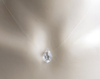 Invisible, Transparent Floating Illusion Necklace With A Preciosa Crystal Pendant. Simple Minimal Clear Preciosa Crystal Pendant Necklace