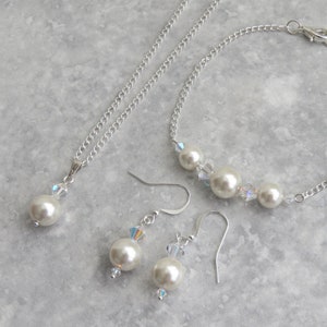 Preciosa Pearl & AB Crystal Necklace, Bracelet And Earrings. Pearl and Crystal Pendant on Silver Plated Chain. Wedding Jewellery, Bridesmaid