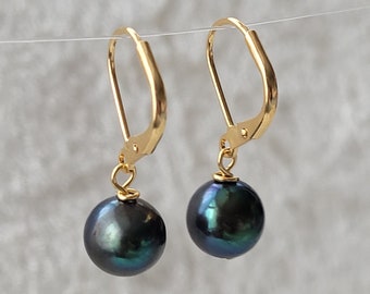 Peacock Black Freshwater Pearl Leverback Pearl Earring, Gold Plated Or Gold Filled Earrings, Black Pearl Dangle Drop Earrings.