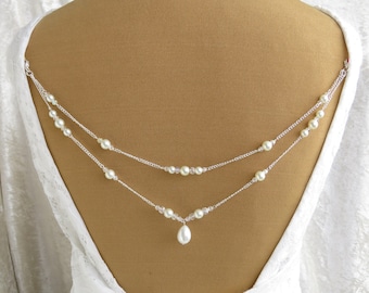 2 Row Pearl & AB Crystal Back Necklace, Pearl and Crystal Silver Plated Back Chain, Ideal for Low Back, Backless Wedding or Evening Dress
