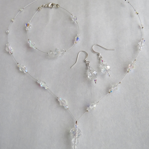 Glass Crystal Necklace, Bracelet And Earrings. Handmade 3 piece jewellery set.  Wedding Jewellery, bridal, bridesmaid, Prom