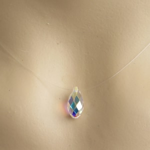 Floating Illusion Transparent Invisible Necklace With A Swarovski AB Glass Crystal Pendant. Swarovski Buriolette Crystal Pendant.