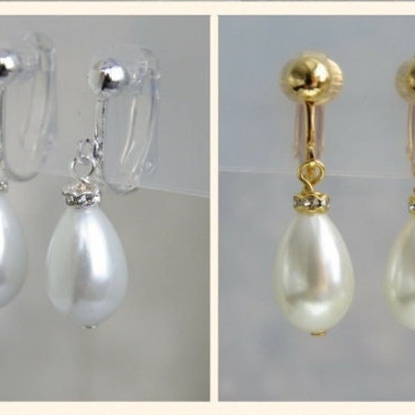 Ivory or White Glass Pearl and Diamanté Clip on earrings for non pierced ears Silver, Gold Rose, Gold Plated, Dangle Drop Earrings.