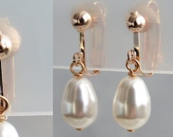 Clip On Earrings For Non Pierced Ears. | Rose Gold Plated, Dangle Drop Swarovski White Crystal Pearl Clip On Earrings.