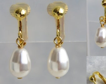 Clip On Earrings For Non Pierced Ears. | Gold Plated, Dangle Drop Swarovski White Crystal Pearl Clip On Earrings.