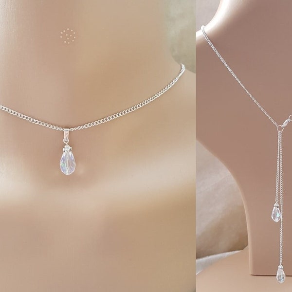 AB Crystal Necklace With Backdrop. Gold plated, Silver Plated or Rose Gold Plated. For low back dress Weddings Prom Gift For Her
