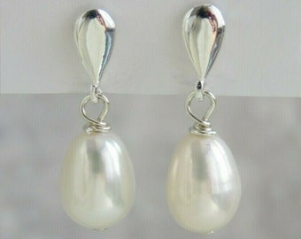 White Teardrop Freshwater Pearl 925 Sterling Silver Dangle Drop Stud Earrings. Wedding Bridal Jewellery. Gift For Her.