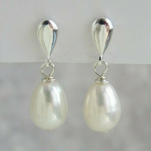 White Teardrop Freshwater Pearl 925 Sterling Silver Dangle Drop Stud Earrings. Wedding Bridal Jewellery. Gift For Her.
