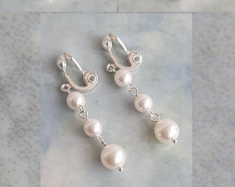 Dainty Pearl Clip On Earrings, White, Ivory, Cream Pearl Dangle Earrings. Silver Plated Clip On Earrings