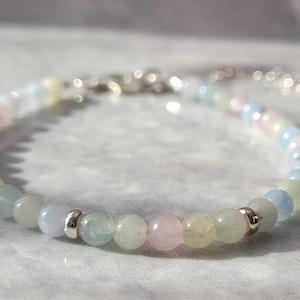 Morganite Gemstone Stacking Bracelet. 925 Sterling dainty semi precious stone bracelet Adjustable length