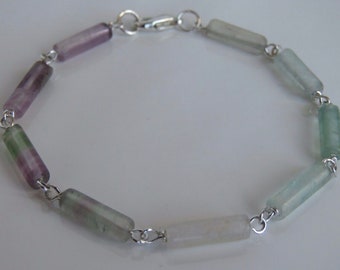 Silver Plated Fluorite Gemstone Bracelet. Tube beads