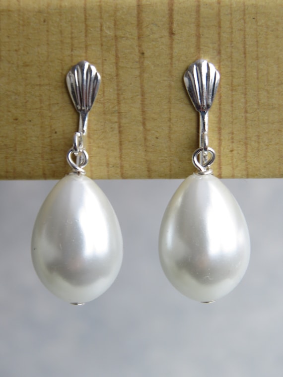 Boucles D'oreilles Pendantes Anciennes - Perles Et Argent Massif - Style Clip - Occasion Avec Légères Rayures