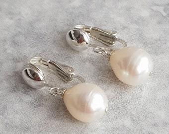 925 Sterling Silver White Freshwater Pearl Clip On Earrings For None Pierced Ears. Dangle Drop Pearl Clip on Earrings.