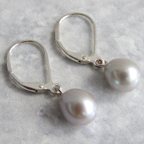 925 Sterling Silver Light Grey Freshwater Pearl Leverback Earrings, Dangle Drop Lever Back Freshwater Pearl Earrings