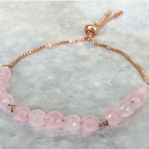 Rose Quartz Bracelet. Rose Gold Plated Slider Adjustable Stackable Bracelet with Rose Quartz Gemstones.