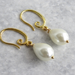 Ivory or White Glass Pearl Hook Earrings, Gold Plated Pearl Dangle Drop Earrings. Wedding, Bridal, Bridesmaids