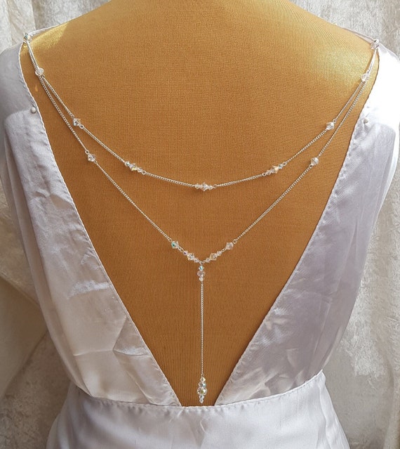 2 Row AB Preciosa Crystal Back Necklace, Silver Plated Crystal Back Chain, Ideal for Low Back, Backless Wedding or Evening Dress