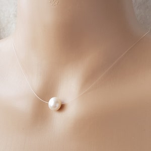 White Freshwater Pearl Floating Illusion Necklace, Transparent Invisible Pearl Pendant Necklace. 14ct Rose Gold filled