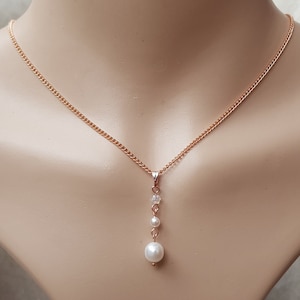 White Pearl Pendant Necklace, AB Crystal & White Preciosa Pearl Pendant On A Rose Gold Plated Chain. Bride, Bridesmaids Jewellery