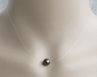 Floating Illusion Necklace with A 8mm Swarovski Brown Crystal Pearl Pendant. Transparent Invisible Necklace.