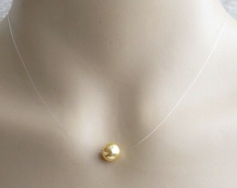 Floating Illusion Necklace with A 8mm Gold Swarovski Crystal Pearl Pendant. Transparent Invisible Necklace.