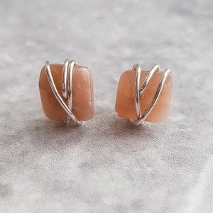Argentium Sterling Silver Wire Wrap Sunstone Stud Earrings. Sunstone Gemstone Nugget Stud Earrings.