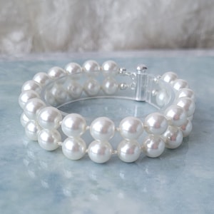 Pulseira de pérolas multicamadas, 2 pérolas de vidro, 2 fileiras de pérolas de vidro, pulseira de pérolas de fio duplo banhada a prata