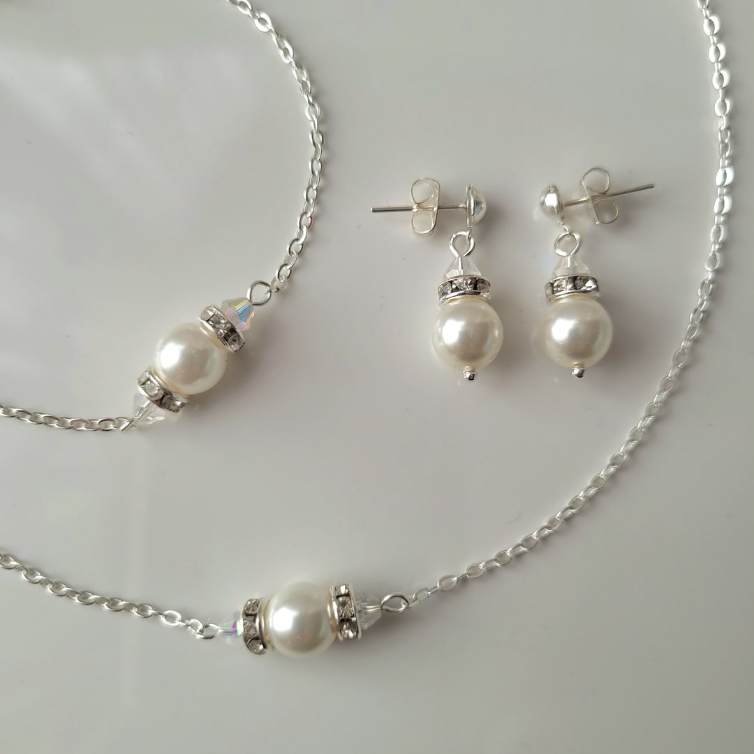 Set Gioielli Perle E Zirconi: Collana E Orecchini Pendenti Per Sposa, Damigella O Regalo Elegante - 2