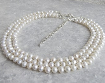 3 Strand Freshwater Pearl Necklace. Choker Necklace, Silver Plated. Weddings, Bridal Gift