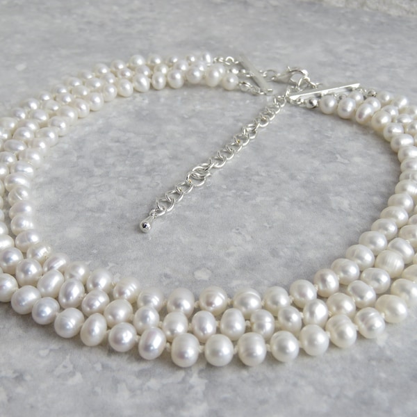 3 Strand Freshwater Pearl Necklace. Choker Necklace, Silver Plated. Weddings, Bridal Gift