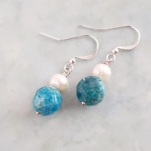 Faceted Azurite and Freshwater Pearl Gemstone Dangle Drop Earrings. Gold, Silver Plated Earring. Hook Earrings studs Clip ons.