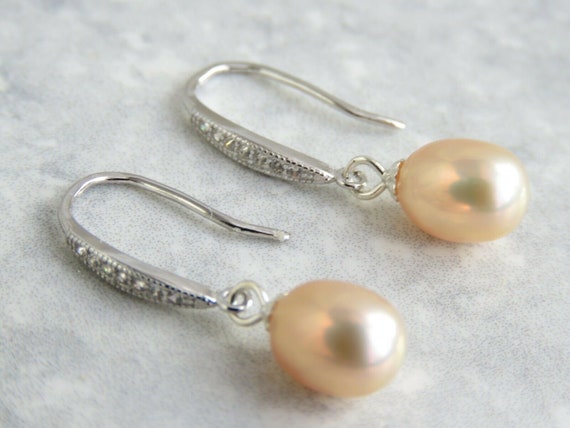 Sterling Silver Cultured Peach Pearl and Crystal Drop Earrings Sterling Silver Cultured Peach Pearl and Crystal Drop Earrings