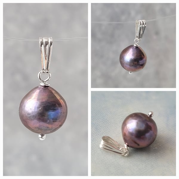 Black Freshwater Pearl Pendant (No Chain). Freshwater Pearl Charm To Add On To Your Necklace Chain or Bracelet. 925 Sterling Silver