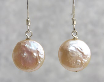 925 Sterling Silver Flat Coin White Freshwater Pearl Earrings. Baroque Freshwater Pearl Dangle Drop Hook Earrings