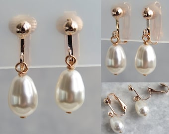 Clip On Earrings For Non Pierced Ears. | Rose Gold Plated, Dangle Drop Swarovski White Crystal Pearl Clip On Earrings.