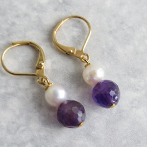 Amethyst Edelstein & Süßwasserperle Ohrringe. Gold, Silber, Rose vergoldete Ohrringe. Edelstein Ohrringe