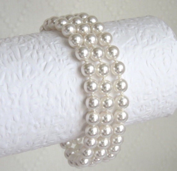 3 Strand Swarovski Crystal Pearls Bracelet Multi Strand White