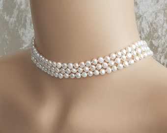 925 Sterling Silver, 3 Strand Freshwater Pearl Necklace. Choker Necklace Weddings, Bridal Gift